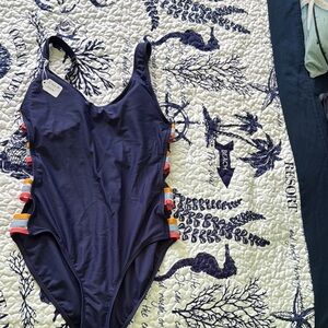 Chic Navy Swimsuit with Vibrant Stripes